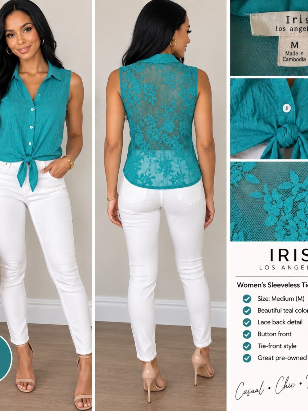 iris Teal Lace-Back Button-Front Tie Hem Sleeveless Shirt